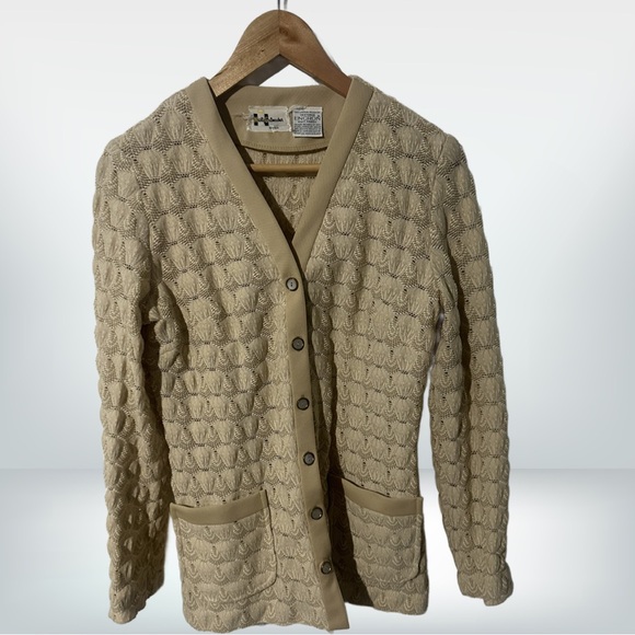 Retro Crochet Metallic Sweater Metallic Cardigan Sweater Set Crochet Cream - Picture 3 of 8